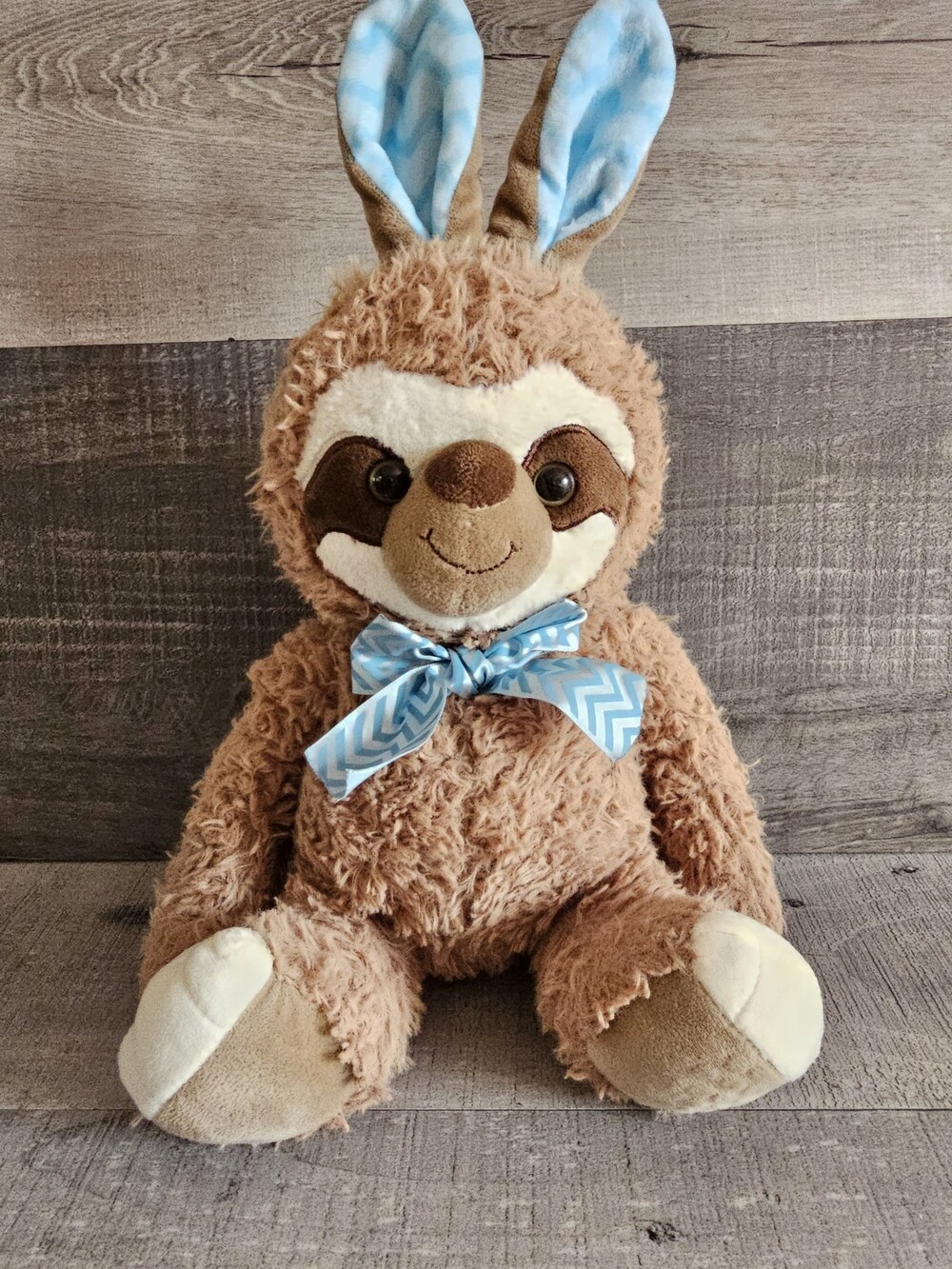 Bee Happy Kellytoy Sloth Plush Stuffed Animal Tan Wearing Bunny Rabbit Ears 16"